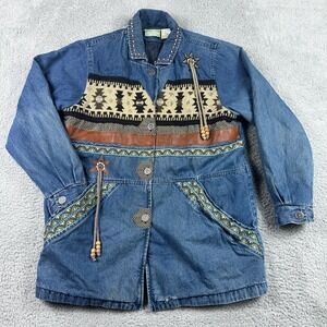 Vintage Southwestern Tapestry Quilted Denim Jacket Women Medium Blue 220 Hickory